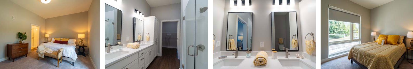Luxurious bedrooms and baths inside the Keystone 55+ apartment at The Bailey at Bridge Park in Dublin, Ohio.