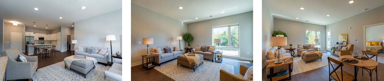 Living Room of the Keystone 55+ Luxury Apartment at the Bailey at Bridge Park n Dublin, Ohio.