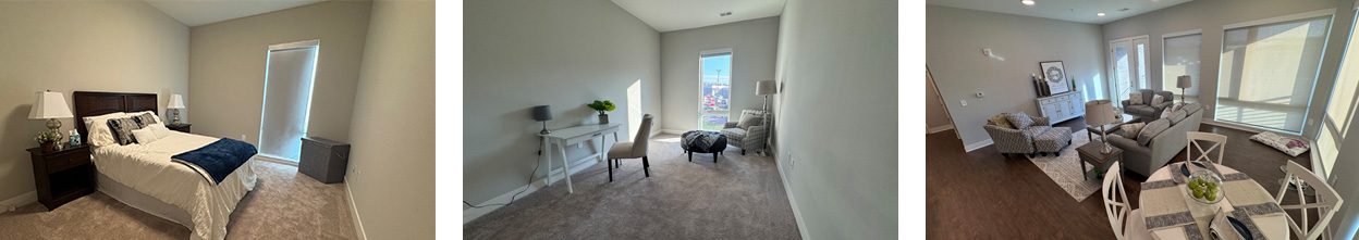 Collage of interior scenes from The Starling at The Bailey at Bridge Park, featuring a generous second bedroom, a third bedroom or den, and an open-concept living and dining area.