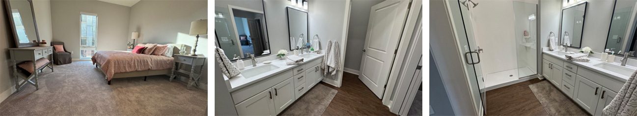 Collage of The Starling primary suite at The Bailey at Bridge Park, featuring the bedroom with king-size bed, double-sink vanity, and walk-in shower.