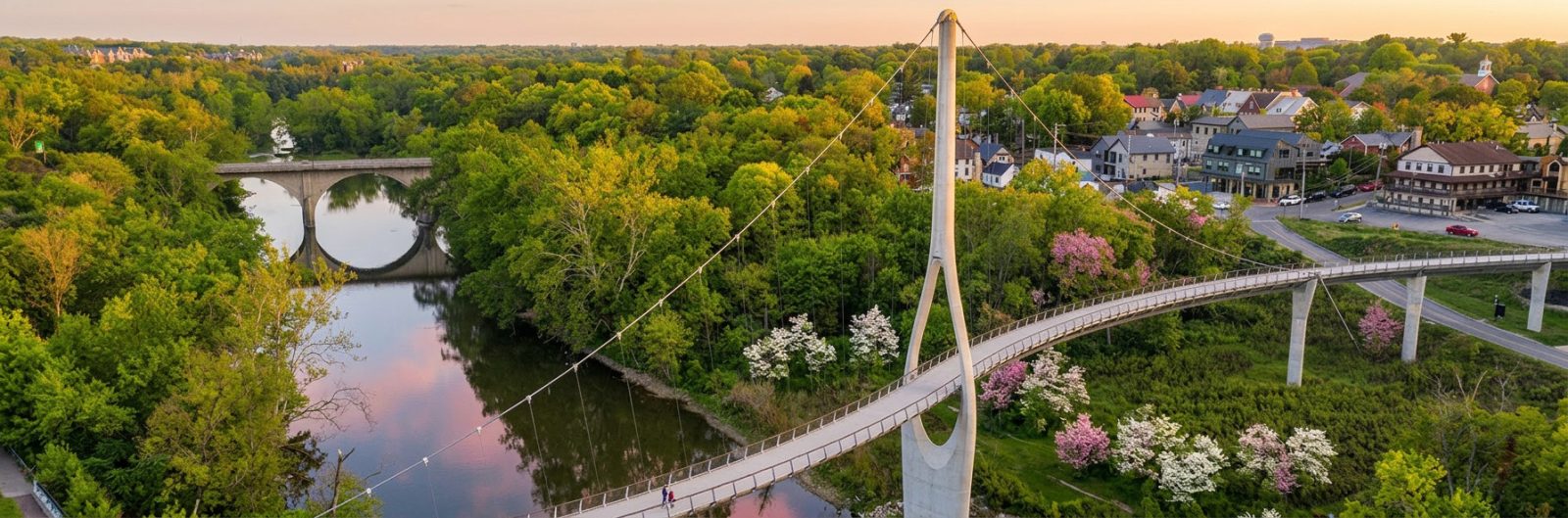 Arial view of the bridge at Bridge Park in Dublin, Ohio.