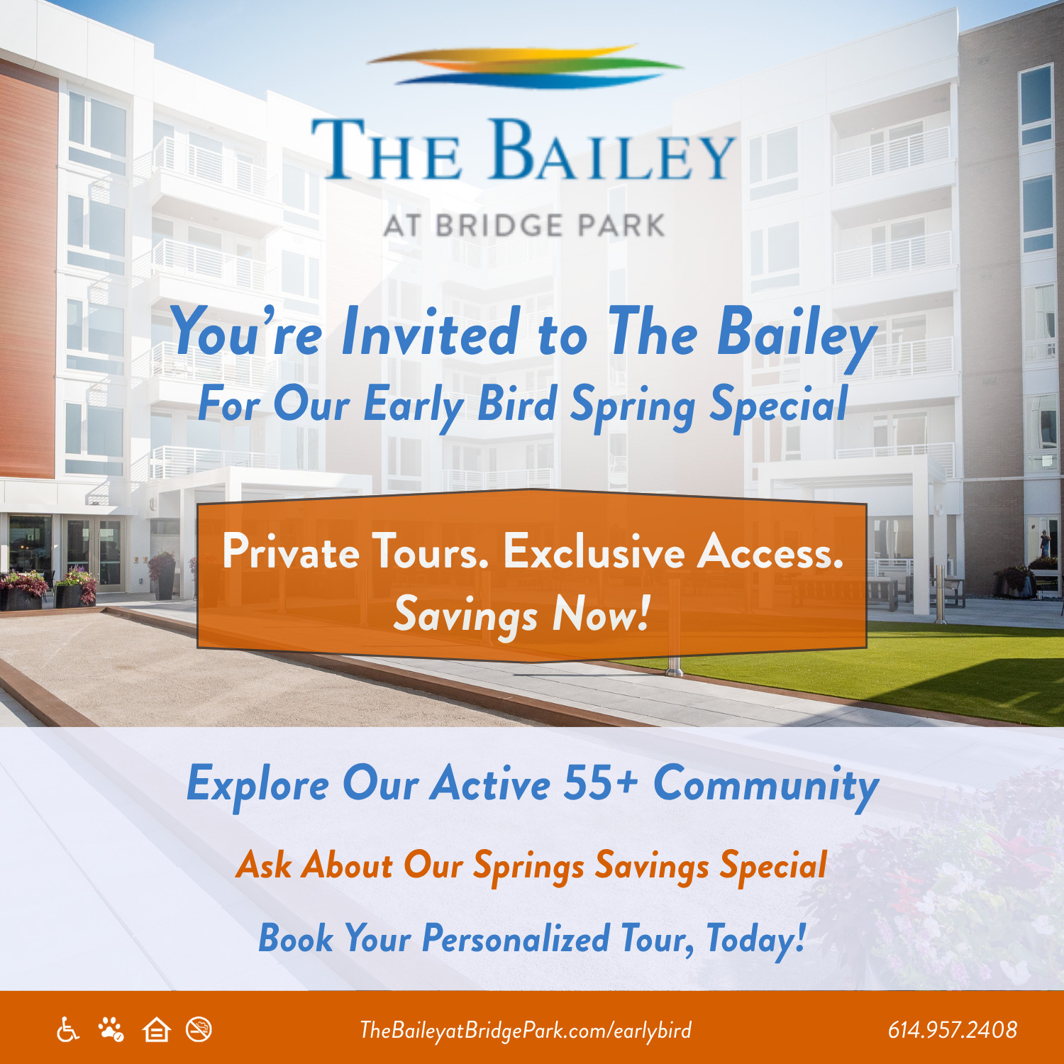 Graphic with details about Early Bird Spring Specials at The Bailey.