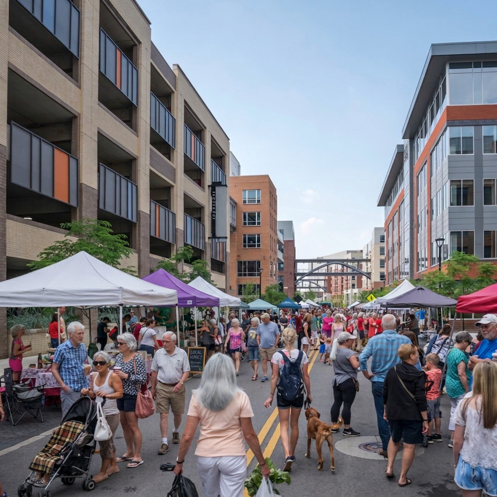 A rendering of a farmer's market inside The Bailey at Bridge Park.