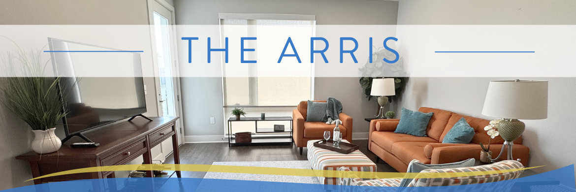 A photo of a staged apartment with "The Arris" in blue over a white background.