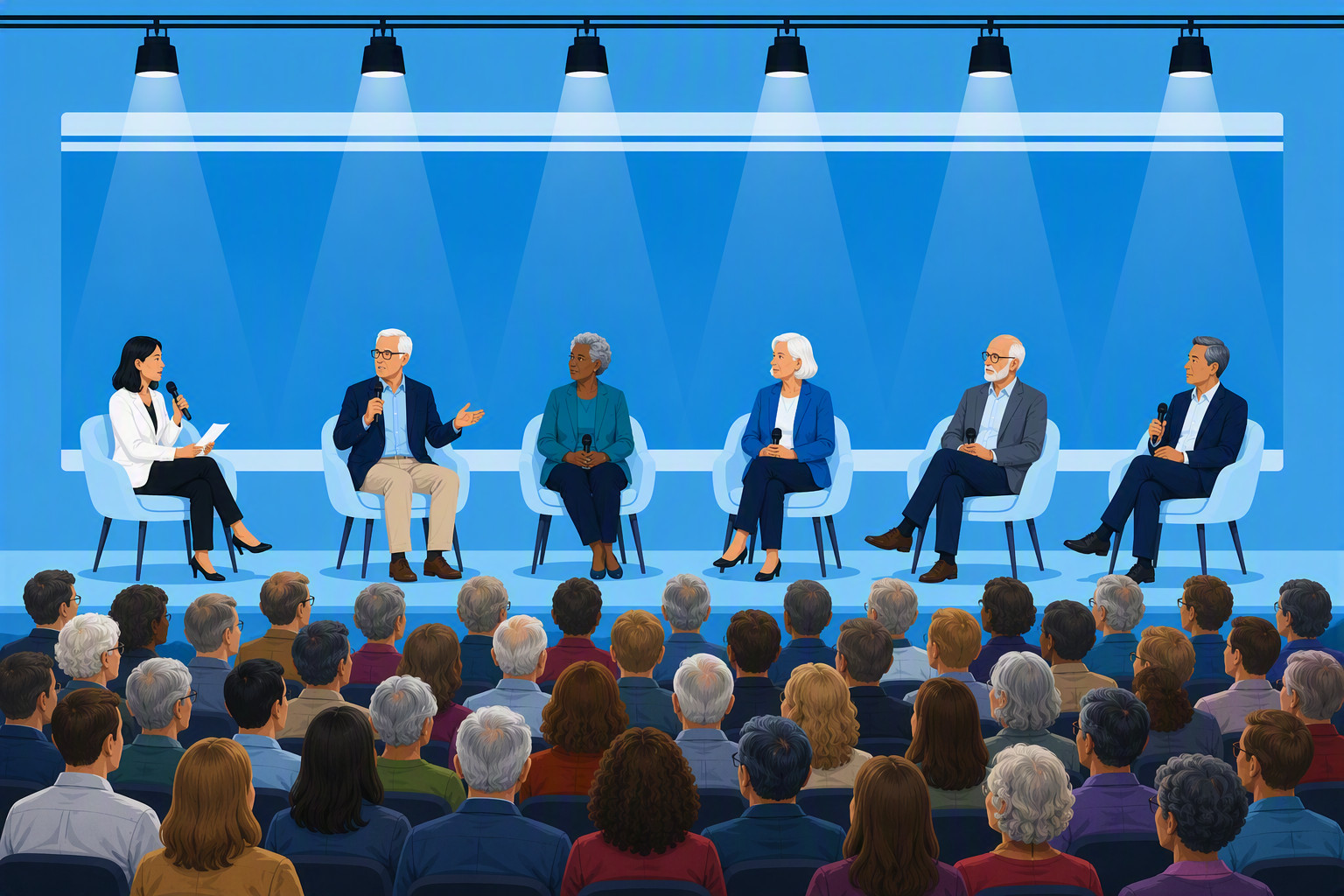 An animated rendition of a guest panel features a moderator speaking with six guests of various ages, genders, and backgrounds on stage in front of a full audience.